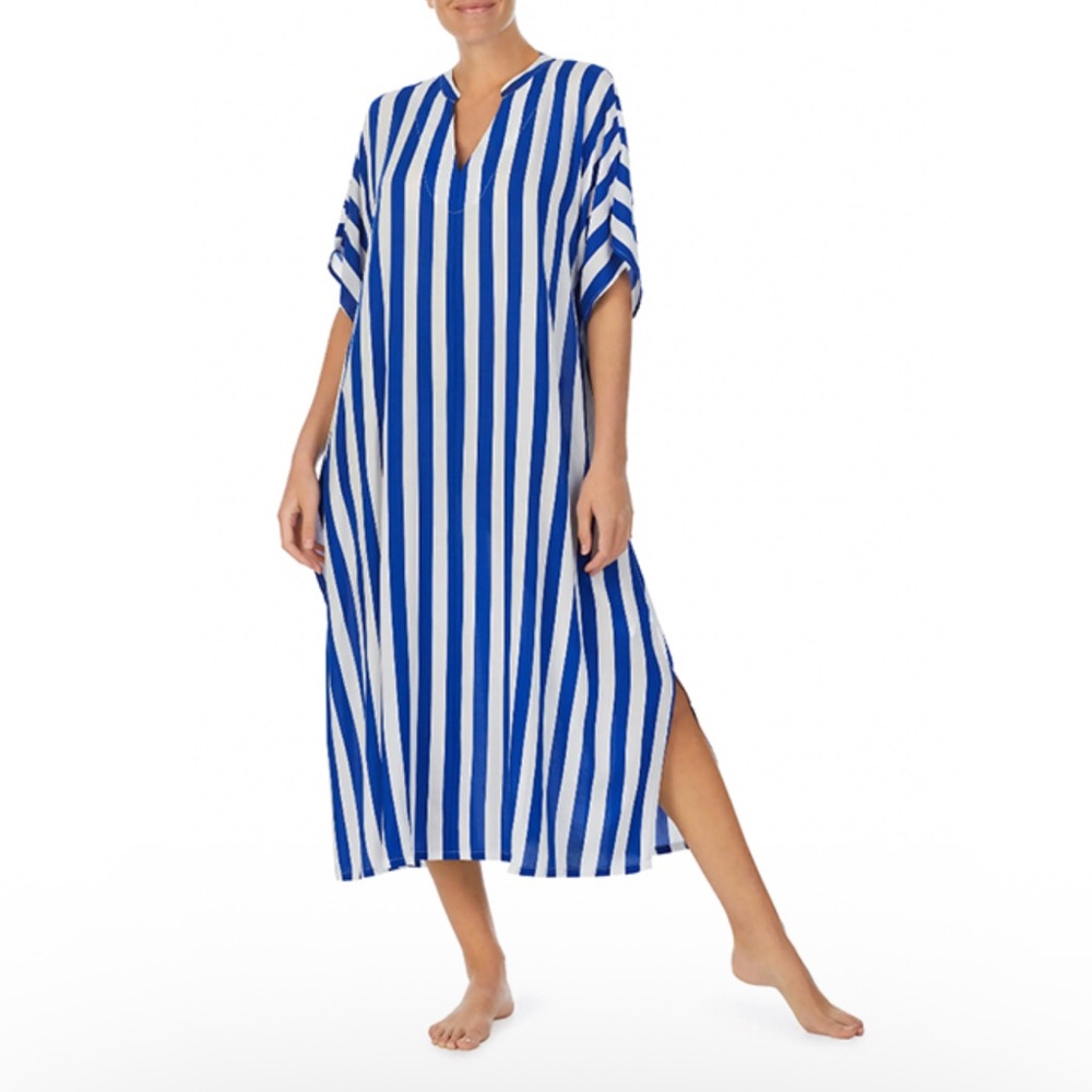 NWT Kate Spade New York Stripe Print 3/4 Sleeve VNeck Side Slit Coverup Caftan M
